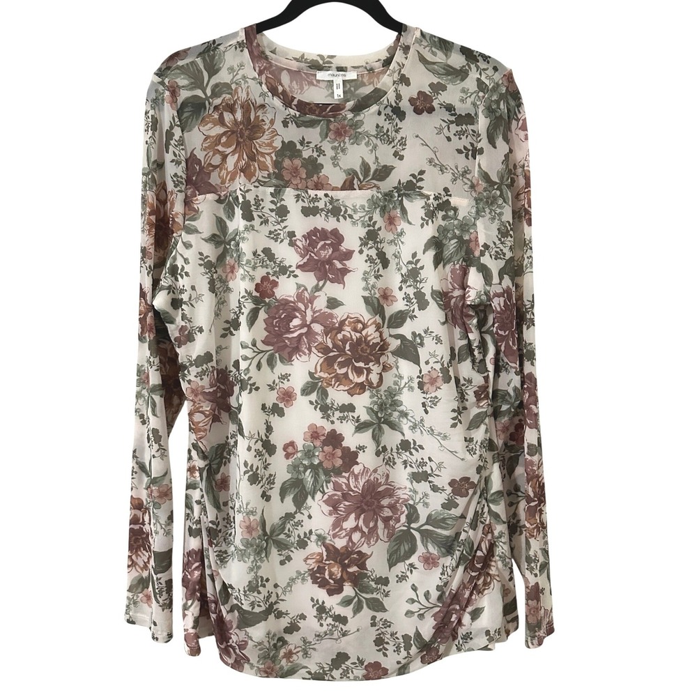 Maurices Womens 1X Floral Mesh Long Sleeve Top Crew Neck Stretch Forest Fairy